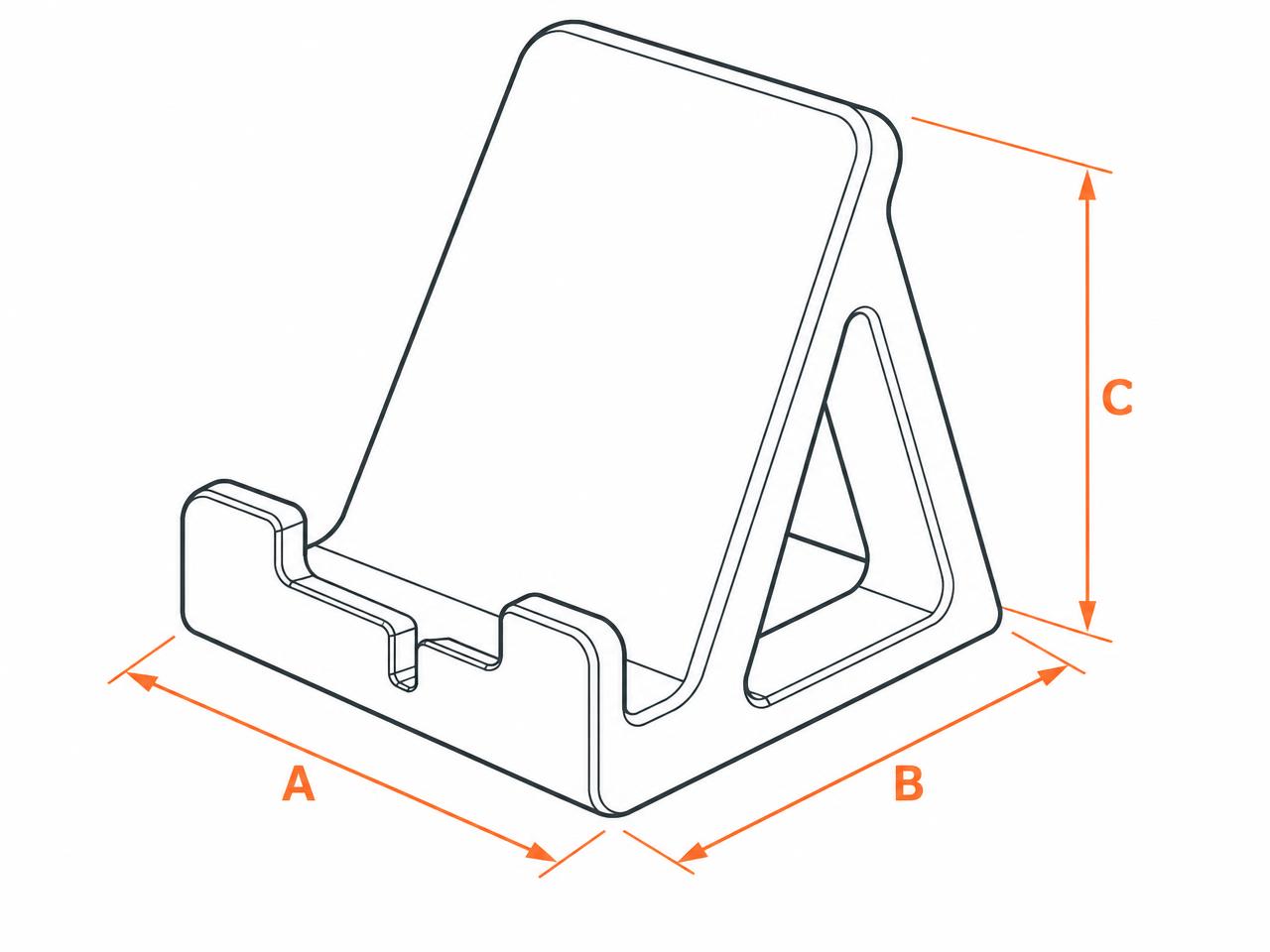 Desenho técnico de um suporte de celular com medidas A, B e C